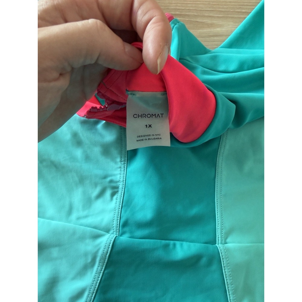Chromat Womens Colorblock Short Sleeve One Piece Swimsuit Teal Pink 1X - Picture 2 of 8